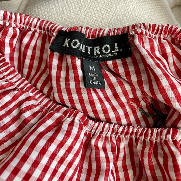 NWOT KONTROL Red cherry checkered ruffled plaid blouse | Bomb shoulder - Picture 2 of 4